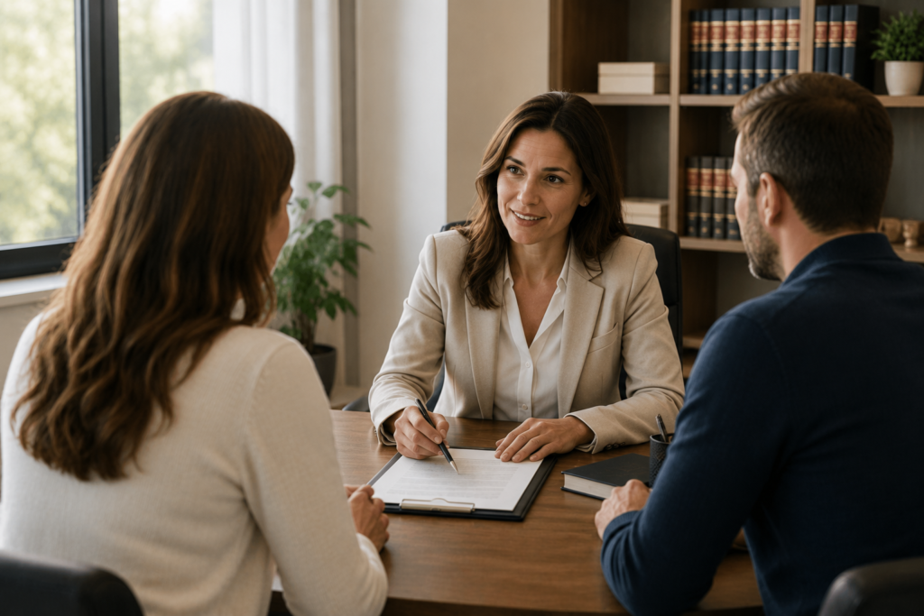 Abogado asesorando a una pareja sobre cuestiones relacionadas con el Derecho de Familia.