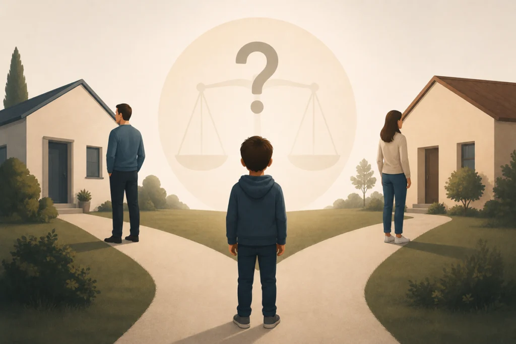 Abogado asesorando a una familia sobre la custodia y la opinión de los hijos en un procedimiento de divorcio.