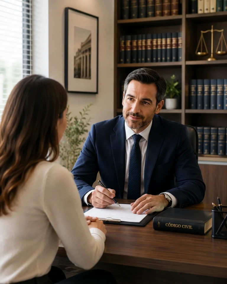 Abogado atendiendo a una clienta en una consulta jurídica