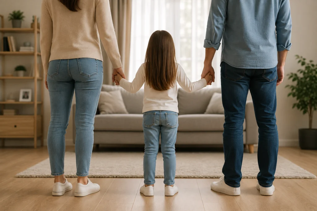 Abogado asesorando a unos padres sobre la custodia de sus hijos tras un divorcio.