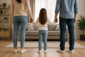 Abogado asesorando a unos padres sobre la custodia de sus hijos tras un divorcio.