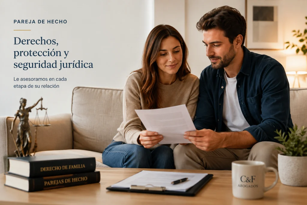 Pareja asesorándose con un abogado sobre los requisitos para constituir una pareja de hecho en España.