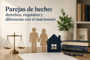 Abogado asesorando a una pareja sobre los derechos y requisitos de las parejas de hecho.