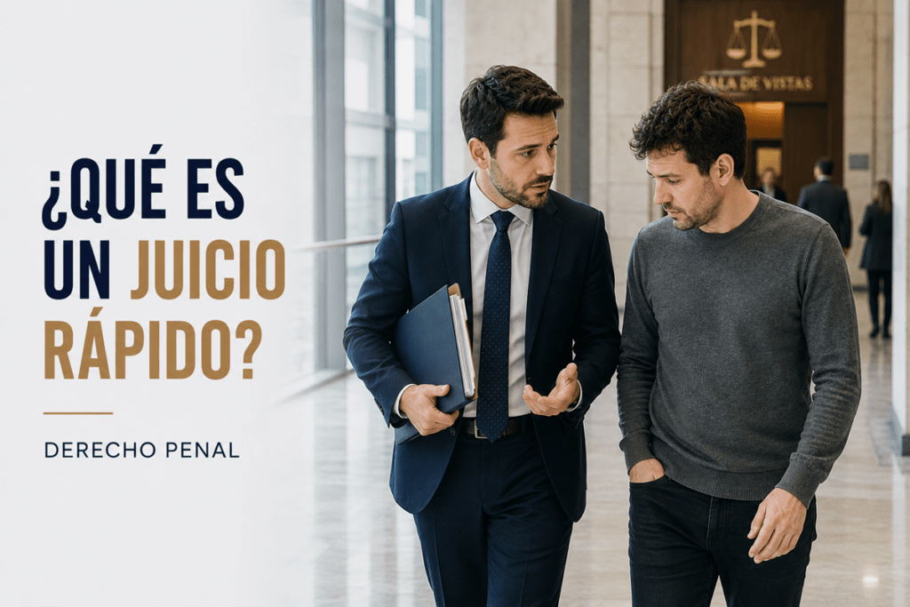 Abogado acompañando a una persona investigada ante un juzgado para un juicio rápido